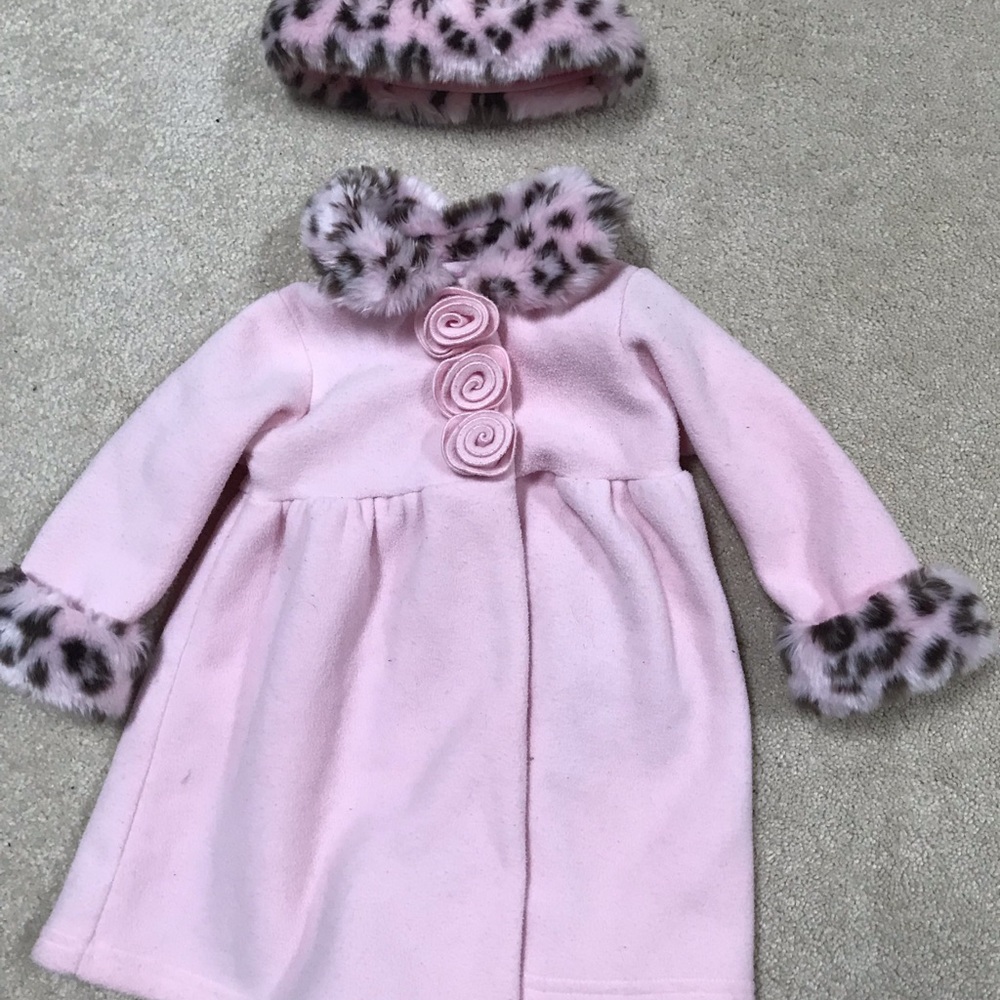 Pink baby girl fur like hat and coat 18 months
